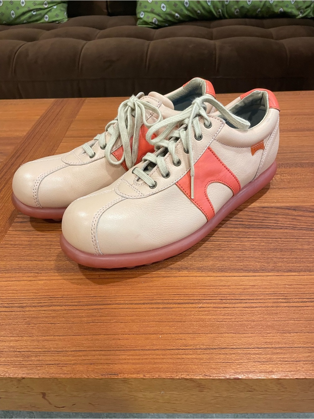 Camper Women’s Pelota Soller Leather Sneakers in Cream and Coral Pink